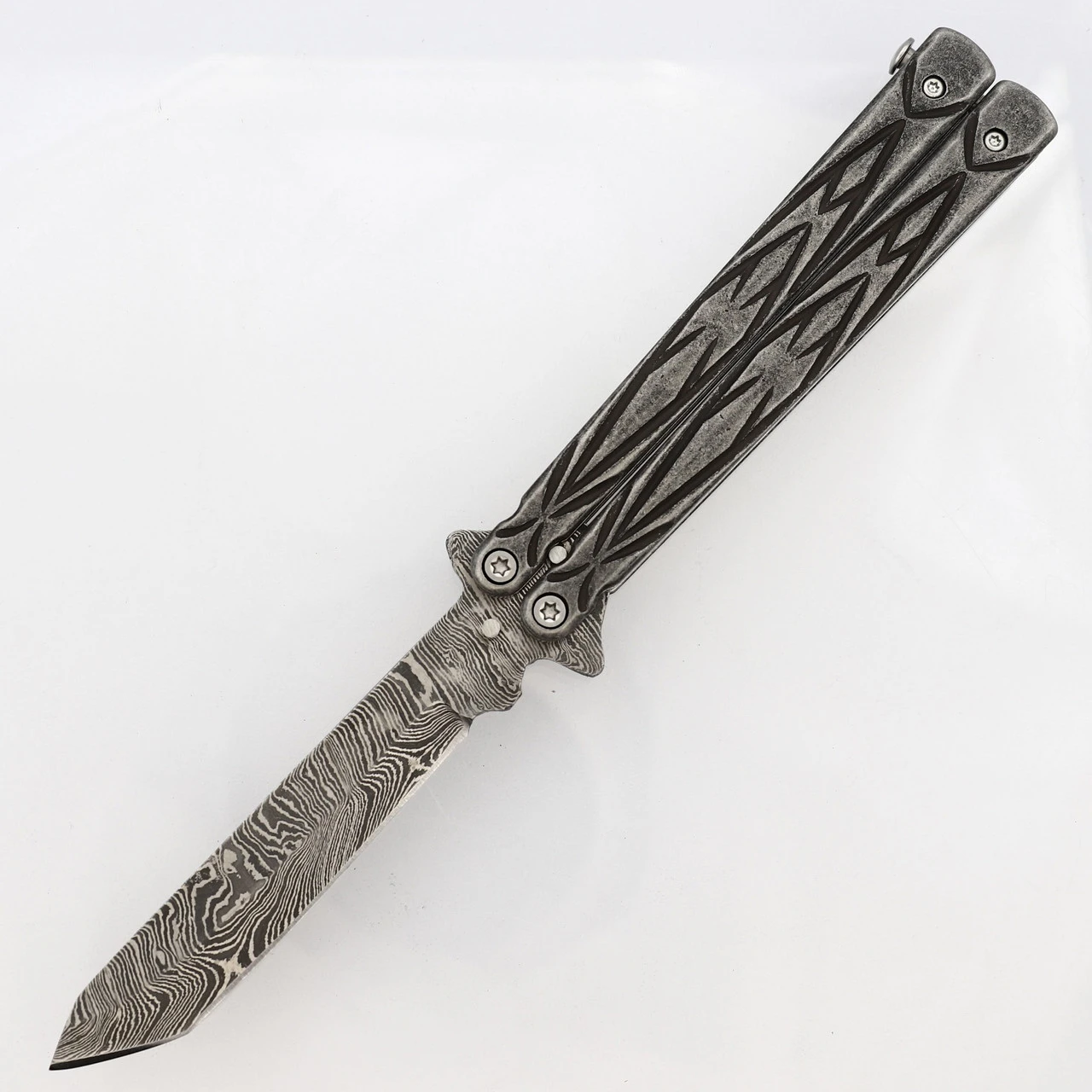 Butterfly Sudden Fatality Tribal Balisong Fanning Knife | Tanto Damascus Steel Blade 3 Butterfly Sudden Fatality Tribal Balisong Fanning Knife | Tanto Damascus Steel Blade