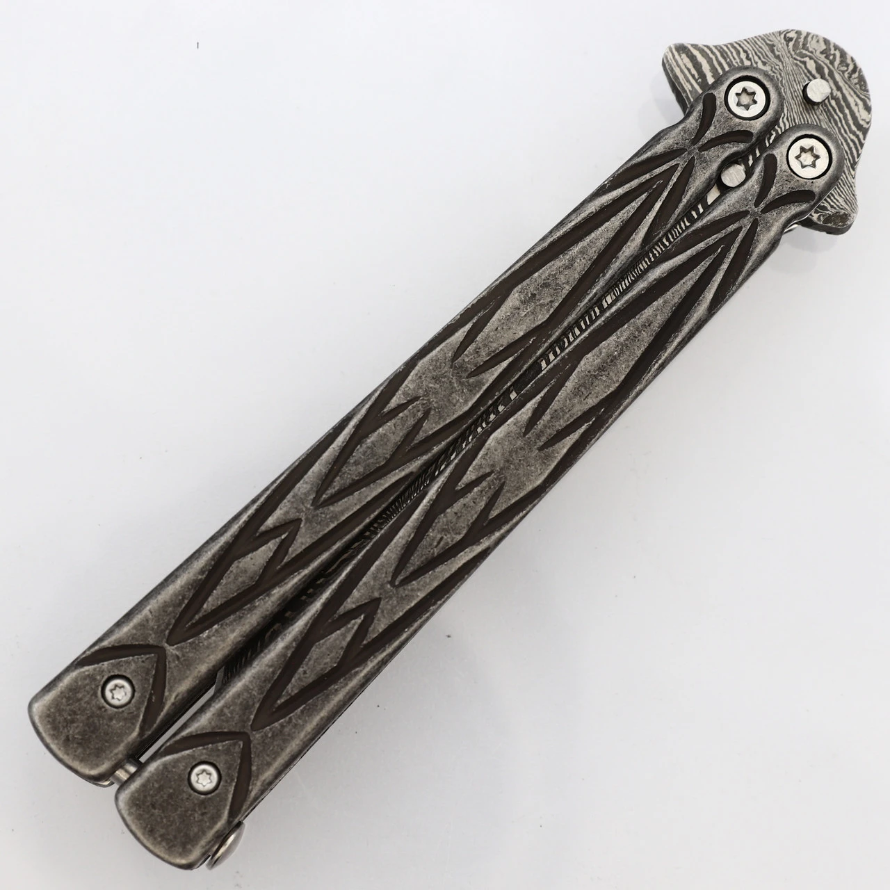 Butterfly Sudden Fatality Tribal Balisong Fanning Knife | Tanto Damascus Steel Blade 6 Butterfly Sudden Fatality Tribal Balisong Fanning Knife | Tanto Damascus Steel Blade - Image 4