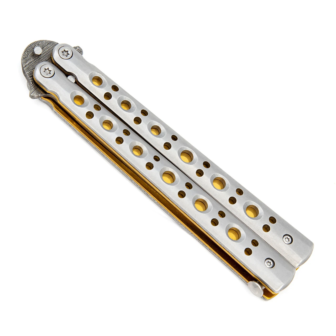 Gold Panning Clip Point Balisong Butterfly Knife Flipper | Damascus Steel Blade | Drop Point 5 Gold Panning Clip Point Balisong Butterfly Knife Flipper | Damascus Steel Blade | Drop Point - Image 3