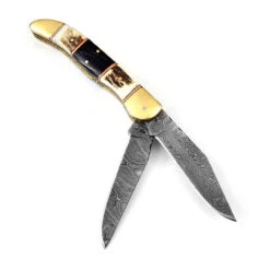 Double Blade Guild Stag Damascus Steel Pocket Knife | Buffalo Horn Insert | -Knife Sales Store DM88BF 24422.1642793814