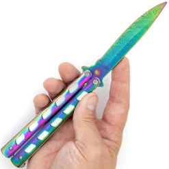 Rainbow Warrior Sunrise Butterfly Knife | Titanium Damascus | Drop Point | Holster Included -Knife Sales Store GBS35 D3 33225.1691161716