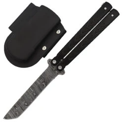 Black Butterfly Balisong Knife With Hard ABS Sheath | Tanto Point Blade | Damascus Steel
