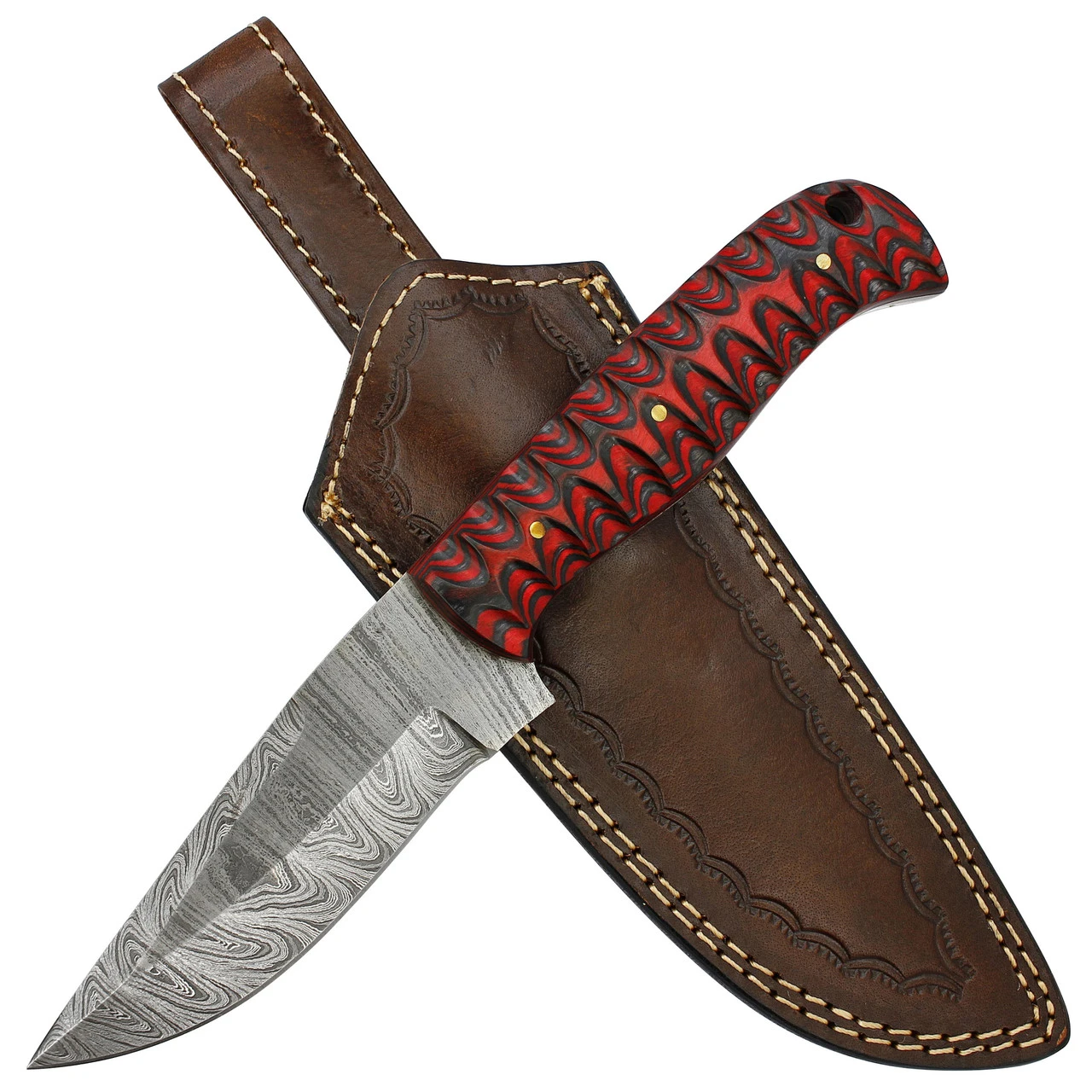 Twirling Crimson Hand Forged Full Tang Damascus Steel Small Medium Game Hunting Knife W/ Genuine Leather Sheath & Textured Dyed Wood Scales 3 Twirling Crimson Hand Forged Full Tang Damascus Steel Small Medium Game Hunting Knife W/ Genuine Leather Sheath & Textured Dyed Wood Scales