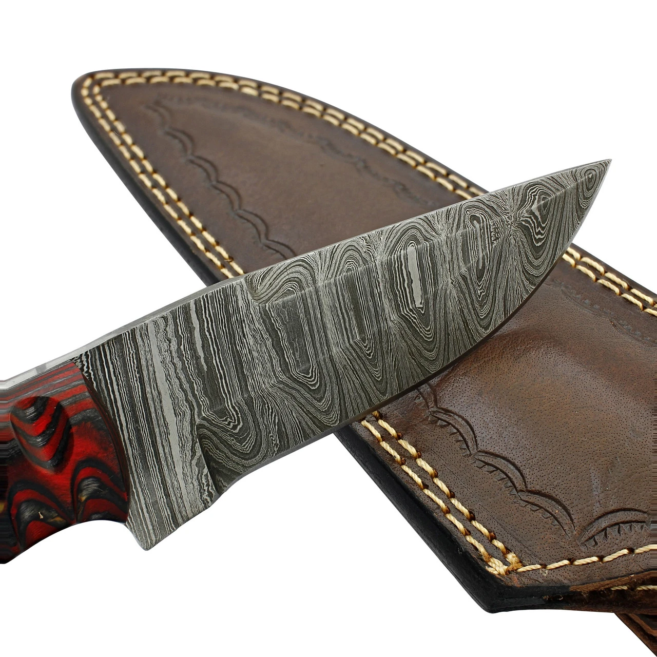 Twirling Crimson Hand Forged Full Tang Damascus Steel Small Medium Game Hunting Knife W/ Genuine Leather Sheath & Textured Dyed Wood Scales 4 Twirling Crimson Hand Forged Full Tang Damascus Steel Small Medium Game Hunting Knife W/ Genuine Leather Sheath & Textured Dyed Wood Scales - Image 2