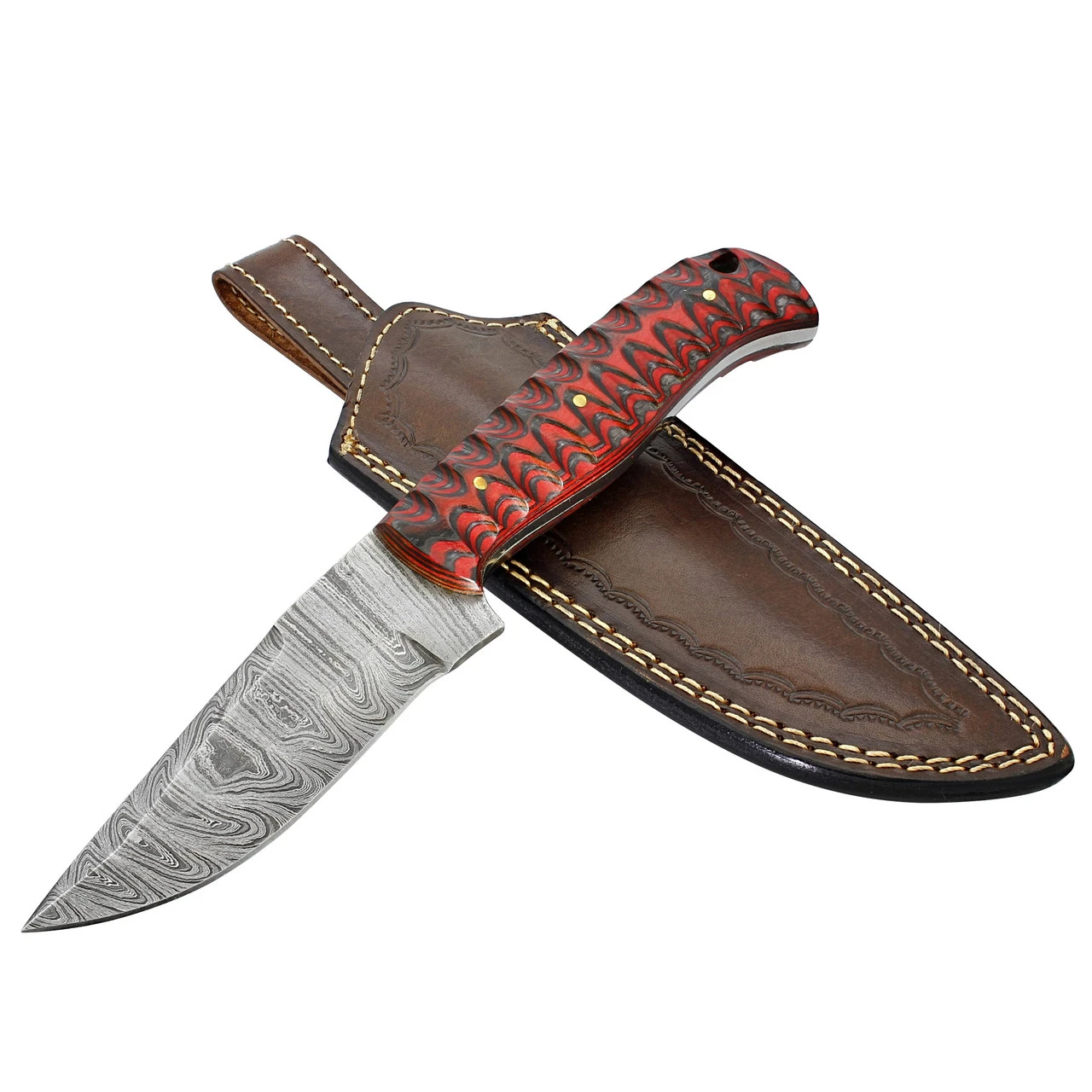 Twirling Crimson Hand Forged Full Tang Damascus Steel Small Medium Game Hunting Knife W/ Genuine Leather Sheath & Textured Dyed Wood Scales 7 Twirling Crimson Hand Forged Full Tang Damascus Steel Small Medium Game Hunting Knife W/ Genuine Leather Sheath & Textured Dyed Wood Scales - Image 5