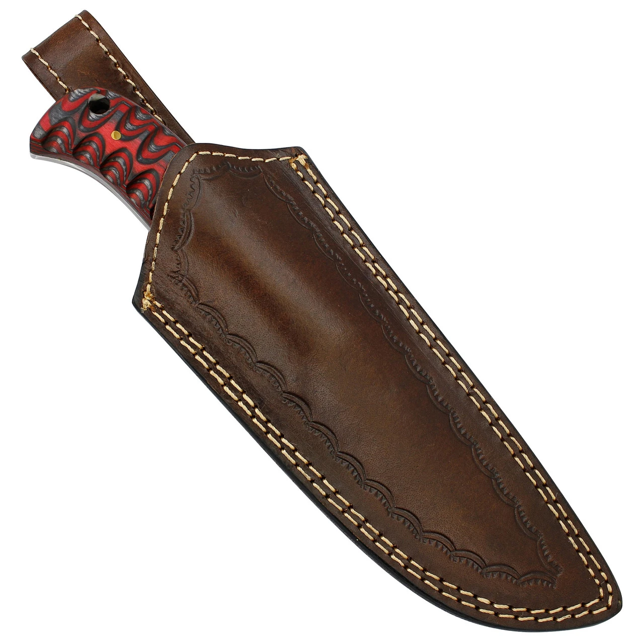 Twirling Crimson Hand Forged Full Tang Damascus Steel Small Medium Game Hunting Knife W/ Genuine Leather Sheath & Textured Dyed Wood Scales 8 Twirling Crimson Hand Forged Full Tang Damascus Steel Small Medium Game Hunting Knife W/ Genuine Leather Sheath & Textured Dyed Wood Scales - Image 6