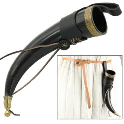 Brass Adorned Medieval Drinking Horn With Black Leather Holder -Knife Sales Store IN4232LHBK 44096.1564501953