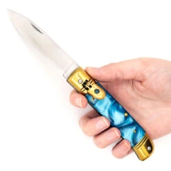 Elusive Horizon Switchblade Lever Lock Automatic Knife | Pearl Blue Handle & Gold Hardware -Knife Sales Store LV2468 17413.1661804080