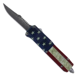 Red White And Blue-Blooded Damascus Steel Automatic OTF Knife